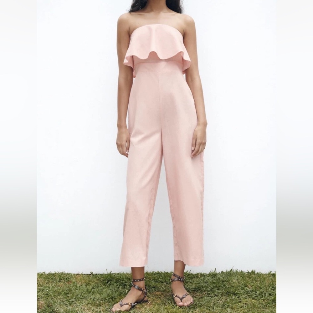 ZARA NWT WOMAN LINEN BLEND STRAIGHT NECK RUFFLED JUMPSUIT PINK | 0387/152